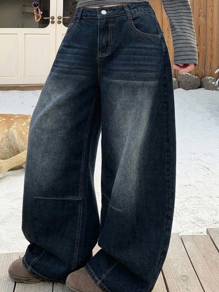 Dazy Plus Vintage Washed Distressed Korean Style Casual Loose Wide Leg Curved Hem Denim Jeans - Dark Wash - View 1