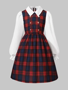 SHEIN Elladie kids 女童格紋 2 合 1 連身裙，紅藍配色拼色格紋雙排扣泡泡袖，甜酷復古學院風日常通勤收腰 A 字中長洋裝 - 酒紅色 - 查看 4
