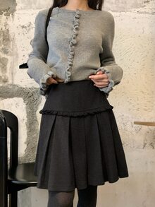 DAZY Black High Waist Ruffle Decor Pleated Puff Skirt Sweet Academic Style Women's Skirt Fall - Grey - View 5
