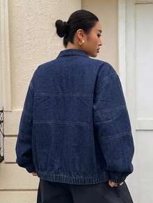 Dazy Plus Áo khoác denim nữ size lớn phong cách đường phố, màu xanh đậm giặt kiểu vintage, dáng rộng, cổ mở, tay dài, khóa kéo phía trước - Rửa tối - Xem 2