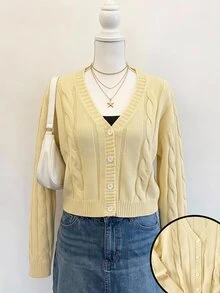 SHEIN Vintage flätstickad långärmad tröja för flickor - Gul - Visa 7
