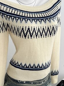 Dulcita Women's Autumn/Winter Large Scoop Neck Asymmetric Shoulder 2-Way Wear Fair Isle Wavy Pattern Colorblock Long Sleeve Slim Fit Atmospheric Knit Sweater - Light Yellow - View 4