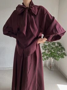 DAZY Women's Solid Color Collar Long Sleeve Shirt And Skirt Elegant 2 Pieces Set - Burgundy - View 6