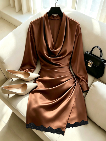 SHEIN Franclia Spring/Summer And Autumn/Winter Deep Brown Satin Silk Dress, Elegant Fashion Birthday, Wedding Dress, Casual Romantic Date Lace Trim Cowl Neck Dress