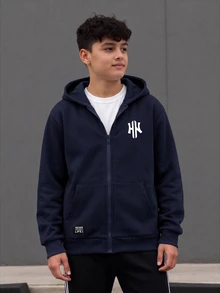 SHEIN 青少年男孩極簡街頭風秋冬休閒日常穿著校園拉鍊連帽衛衣 - 藏蓝色 - 查看 5