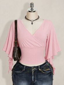 SHEIN ICON 女款甜美時尚收腰百褶V領T恤 - 粉色 - 查看 1