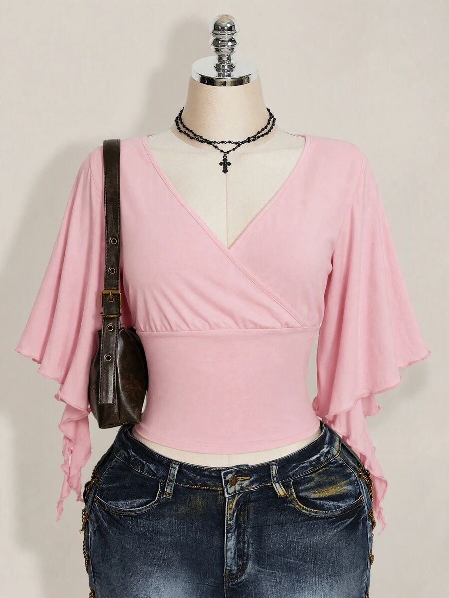 SHEIN ICON 女款甜美時尚收腰百褶V領T恤 - 粉色 - 查看 1