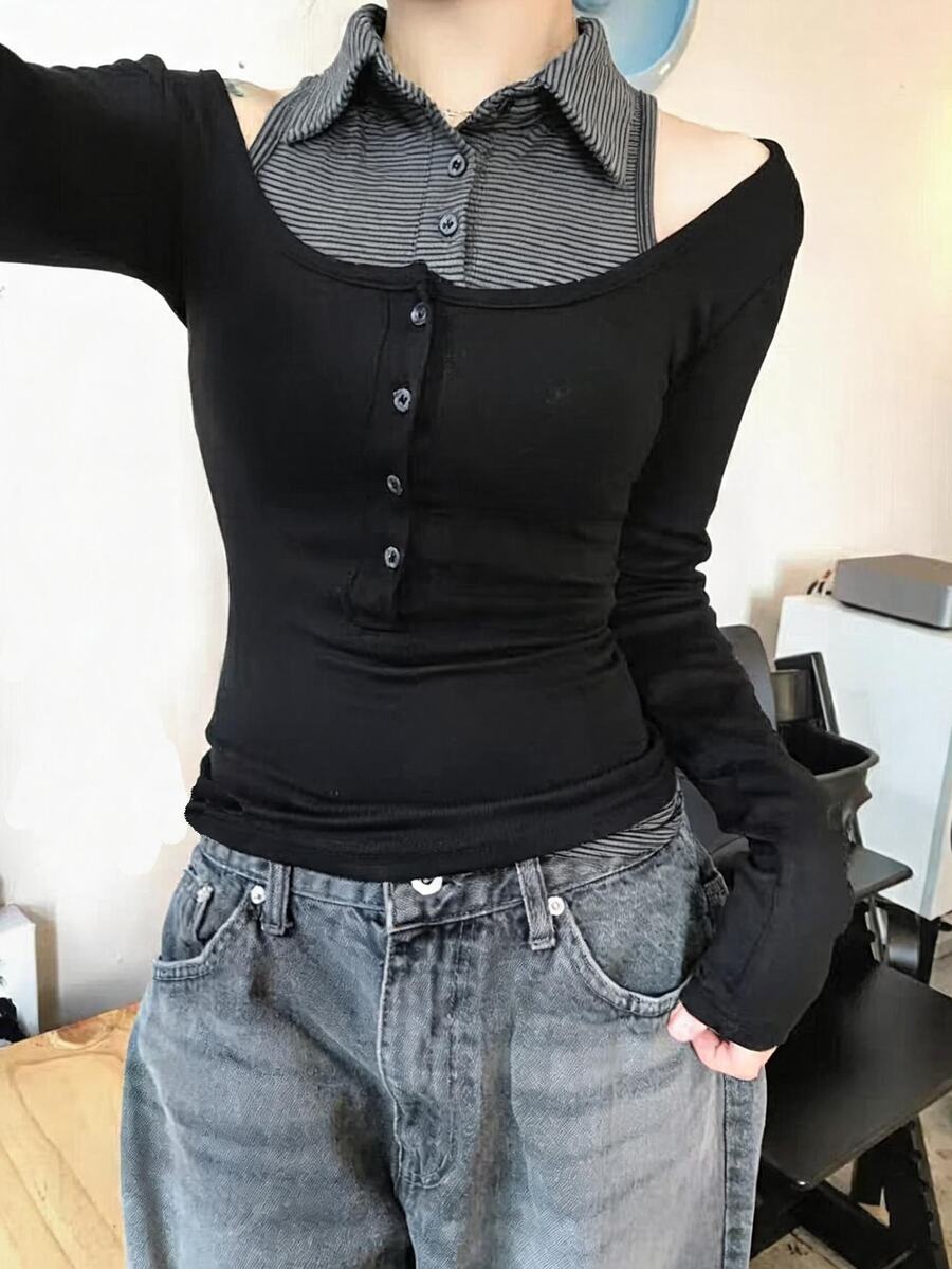 DAZY Women's Grey Lace Patchwork V-Neck Button-Up Fitted Long Sleeve Knit Base Layer, Cold Shoulder Style, Sweet Date Outfit Fall - Black - View 1