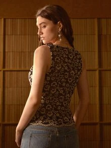 MOTF STUDIO 女款雪尼爾蕾絲彈性背心上衣 - 黑色 - 查看 3