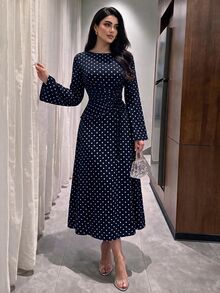 Modelyn 春秋法式通勤優雅波點收腰百褶抽繩喇叭袖長洋裝女款 - 藏蓝色 - 查看 9