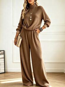 Holdful Holdful Women's Solid Color Long Sleeve Top And Pants Casual Daily 2 Pieces Set - Brown - View 5