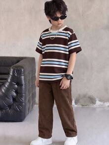 SHEIN Kids Young Boy Striped Crew Neck Short Sleeve T-Shirt And Long Pants Casual Set - Multicolor - View 3
