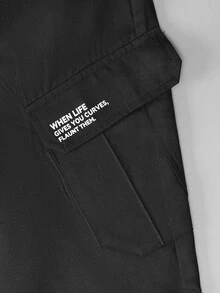 1pc Boys Black Woven Cargo Pants With Small Letter Print Accents, Suitable For Autumn/Winter Outdoor Activities - Black - View 3
