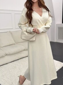 Heiryn Autumn Winter Casual Loungewear Deep V Neck Cross Wrap Front Three Buttons High Waist Flared Hem Lon - Apricot - View 4