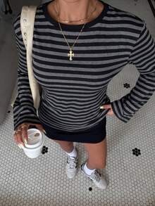 Muchica 女款休閒舒適深灰色條紋針織修身長袖秋季/冬季T恤 - 深灰色 - 查看 6
