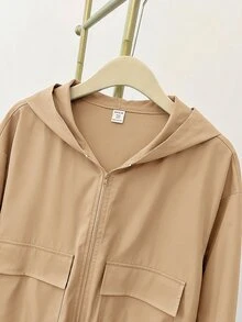 SHEIN 兒童青少年女孩外套 秋冬新款 黑色梭織素色貼袋短版寬鬆休閒連帽夾克 返校季 - 駝色 - 查看 6