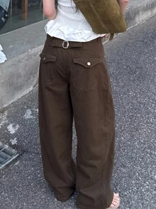 DAZY 對比縫線寬鬆彎腿休閒街頭風夏季女款牛仔褲秋季 - 咖啡棕 - 查看 8