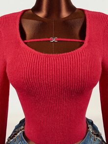 Mistrie Burgundy Ribbed Square Neck Long Sleeve Knit Crop Top With Metal Buckle Thin Strap Slim Fit Exposed Waist Sexy Knit Sweater - Burgundy - View 5