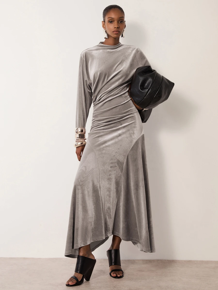 MERLEAU Women's Modern Velvet Dress - Grey - View 1
