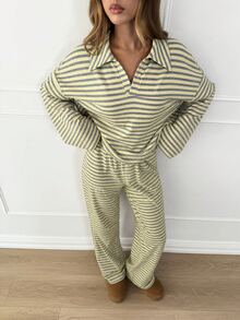 Siren Gaze 舒適女款條紋長袖居家服套裝 睡衣兩件式時尚休閒穿搭 秋冬聖誕萬聖節運動風 Y2K - 彩色 - 查看 5