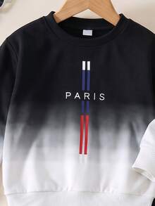 2pcs Boys Fall Style Black White Color Block Gradient PARIS Letter Print Long Sleeve Sweatshirt & Pants Set Casual Fashion Autumn Winter - Blue - View 6