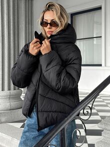 Pariaura Mantel Wanita Berbantalan Empuk dengan Resleting Diagonal, Motif Herringbone, Berkerudung, Belahan Diagonal, Penutup Penuh, Longgar, dan Bahu Jatuh. - Hitam - View 3