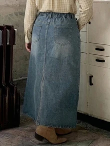 Dazy Plus Vintage Denim Skirt Versatile Women's Slit Long A-Line Slimming Denim Skirt - Medium Wash - View 2