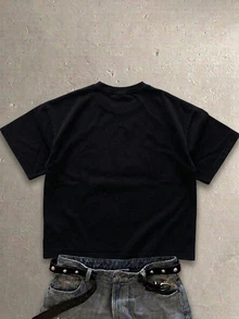 Manfinity ZONE917 Men's American Vintage Distressed Racing Graphic Loose Fit Short Sleeve Black T-Shirt - Black - View 5