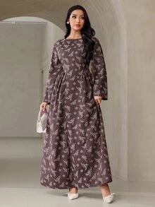 Veilorie Women's French Style Ruched Waist Jacquard Long Sleeve Dress - Coffee Brown - View 6