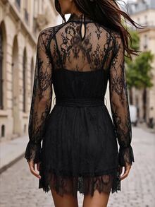 Editum Women's Lace Patchwork Pleated Sexy Date & Casual Dress - Black - View 2