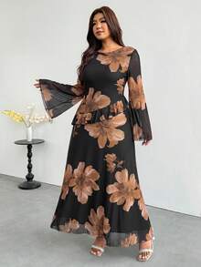 Firerie Plus Size Women's Floral Print Bell Sleeve Elegant Dress - Multicolor - View 7