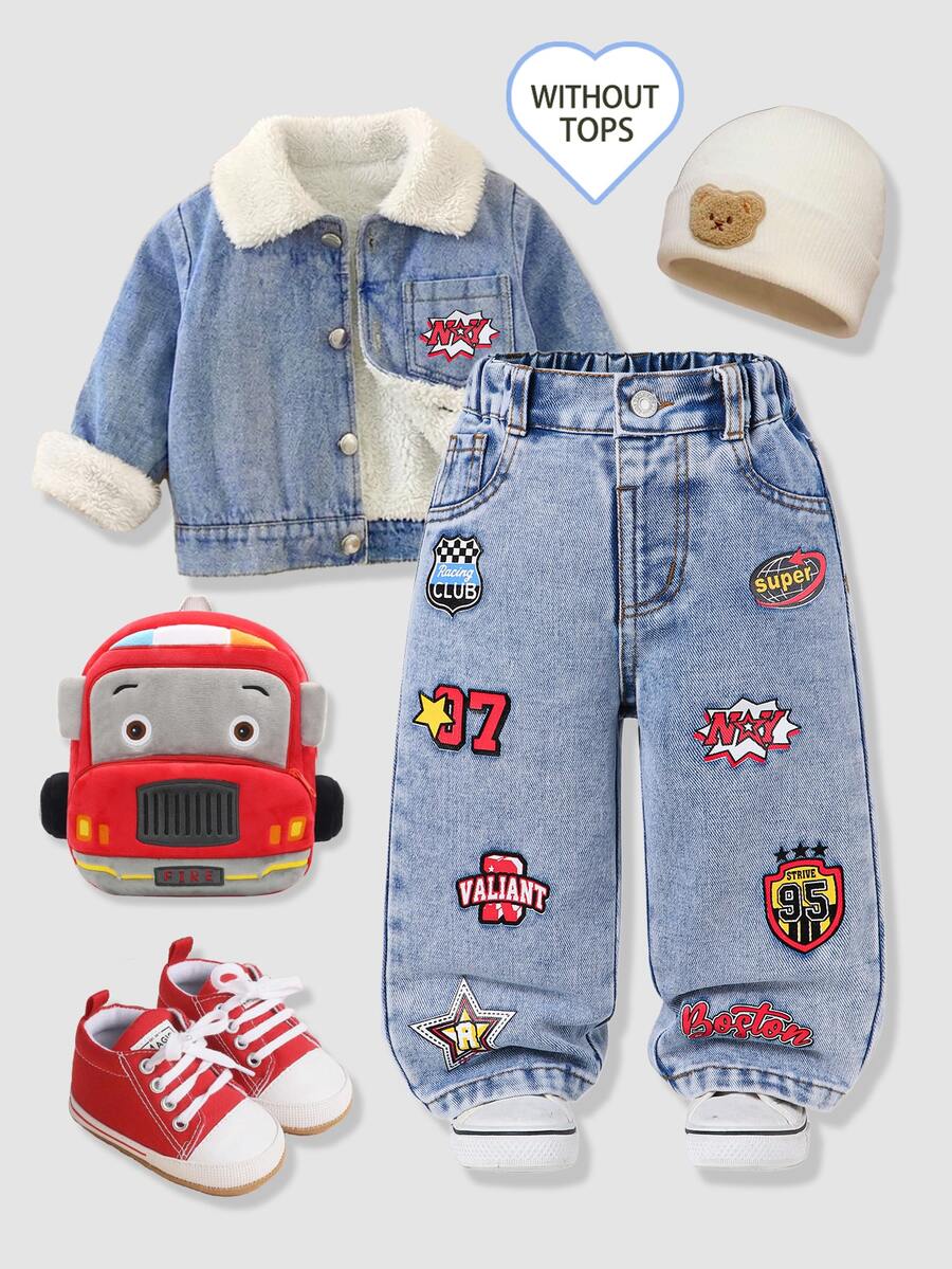 SHEIN 男嬰秋季淺藍色寬腿牛仔長褲,徽章與字母酷炫印花,鬆緊腰直筒長褲,適合上學與外出 - 淺色水洗藍 - 查看 1