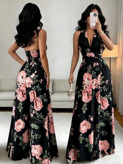 Rafferiza Women's Elegant Minimalist Jumpsuit, Women's Floral Print Vacation Jumpsuit, Women's Elegant Printed Jumpsuit, Women's Halter Backless Jumpsuit, Women's Beach Jumpsuit, Women's Elegant Wide Leg Jumpsuit, Waist Cutout Halter Sleeveless Jumpsuit, Summer Clothing, Summer Women's Wear