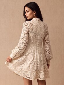 CielaLinda Women's Paisley Lace Cut-Out Mini Dress With Lantern Sleeves And Water-Soluble Embroidery - Apricot - View 6