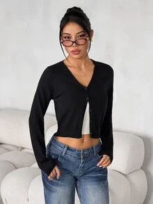 SHEIN PETITE Women's Black Warm Cardigan Sweater – Casual & Work-Ready (Petite Fit) - Black - View 6