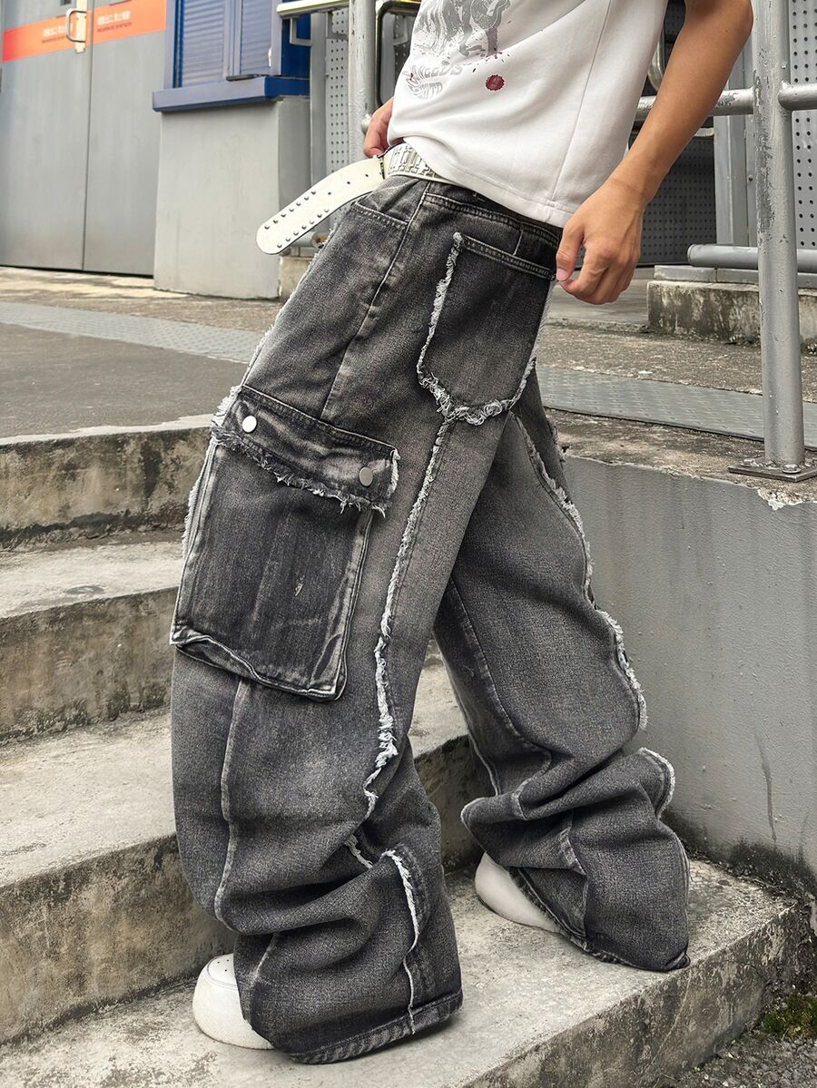STEELVANCE 街頭風復古時尚百搭做舊水洗耐穿原色毛邊多口袋設計寬鬆直筒寬腿休閒牛仔褲（不含腰帶與配件） - 黑色 - 查看 1