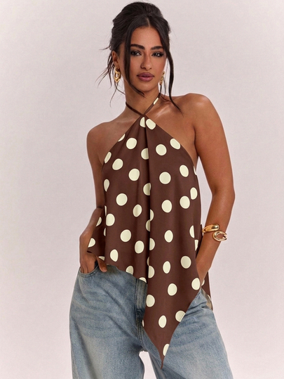 SHEIN BAE Women's Halter Neck Tank Top, Casual Minimalist Vacation Bohemian Elegant Romantic Vintage Print Pattern, Women's Formal Blouse, Women's Commute Outfit, Music Festival, Beach Outfit, Vacation Outfit, Women's Summer Outfit