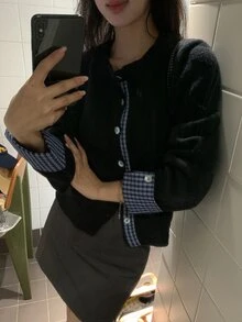 DAZY Black Round Neck Plaid Patchwork Cuff Button Long Sleeve Casual Knit 2 In 1 Cardigan Sweater Fall - Black - View 9