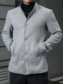 Manfinity CasualCool 男士立領中長版灰色單排扣羊毛大衣，休閒夾克，秋冬英式商務休閒通勤羊毛外套 - 灰色 - 查看 6