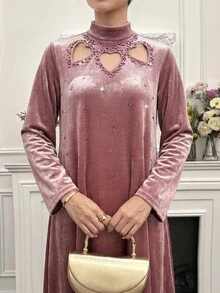 Yasmyna Women's Rhinestone Decorated Cutout Design Elegant Arabian Dress - Dusty Purple - View 4