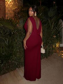 Firerie Plus Size Elegant Party Solid Color Cowl Neck Dress - Red - View 3
