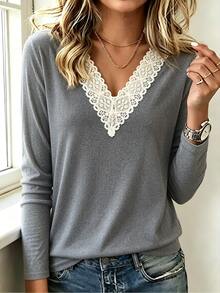 Selamara Women's Lace Patchwork Long Sleeve Top - Grey - View 1