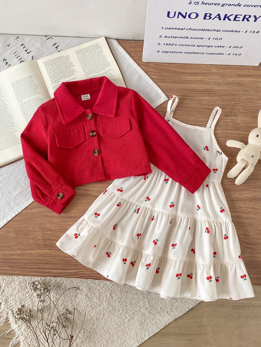 SHEIN Playful Pals 女嬰翻蓋口袋長袖燈芯絨夾克搭配碎花細肩帶洋裝套裝 - 紅色 - 查看 1
