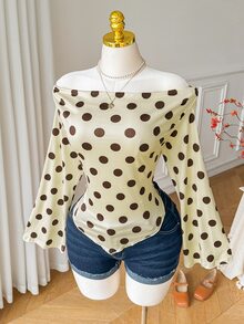Comfortcana Plus Size Women Polka Dot Print One Shoulder Top - Light Yellow - View 3