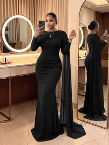 SHEIN Lady CURVE Plus Size Elegant Formal Party Formal Evening Nightwear Mermaid Dress Black Autumn Fall - Black - View 4