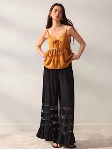 Willow Rêve Women's Amber Fitted Camisole Top, Floral Lace Patchwork, Front Tie And Ruffle Hem Design, Western Romantic Bohemian Pastoral Style, Suitable For Summer Vacation And Music Festival Wear - Yellow - View 8