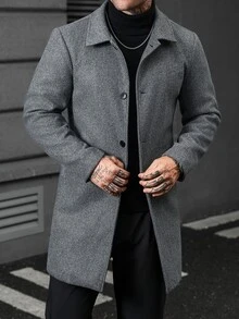 Manfinity CasualCool 男士商務灰色粗花呢單排扣大衣，修身直筒版型，都會商務優雅通勤風 - 灰色 - 查看 5