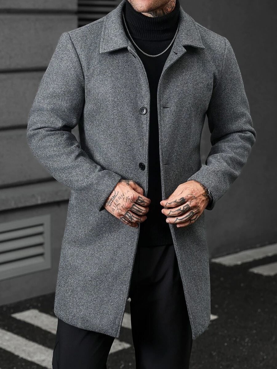 Manfinity Homme Men's Business Grey Tweed Single-Breasted Coat, Slim Straight Fit Urban Business Elegant Commuter Style - Grey - View 1