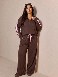 Elaquor Plus Size Women's Side Stripe Zipper Design Sweatshirt And Wide Leg Pants Casual 2 Pieces Set - Coffee Brown - View 8