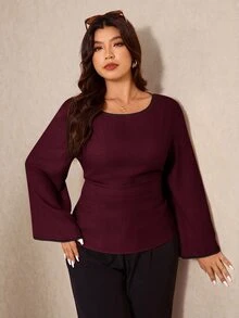 Elaquor 大尺碼女款圓領喇叭袖百褶休閒襯衫 - 酒紅色 - 查看 4